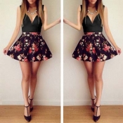 Sexy V Neck Sleeveless High Waist Floral Print Bla