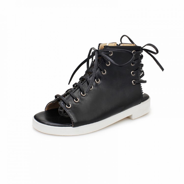 Cheap Fashion Peep Toe Lace-up Flat Low Heel Black PU Basic Sandals
