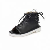 Cheap Fashion Peep Toe Lace-up Flat Low Heel Black