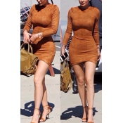 Fashion O Neck Long Sleeves Brown Sheath Mini Wome