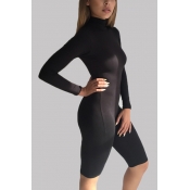 Sexy Turtleneck Long Sleeves Solid Black Spandex O