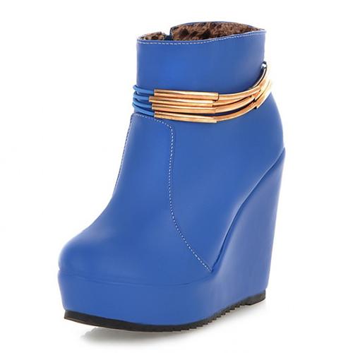 Stylish Winter Round Toe Zipper Design Super High Wedge Blue PU Ankle Martens Boots
