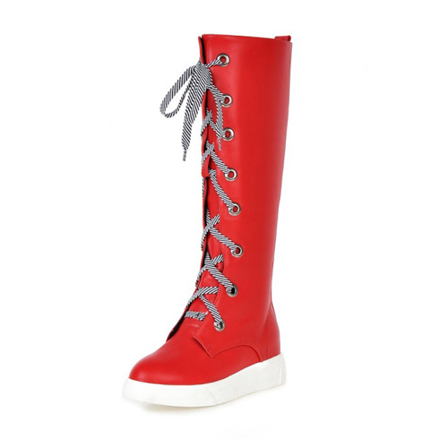 Fashion Spring Autumn Round Toe Lace Up Flat Low Heel Red PU Knee High Boots
