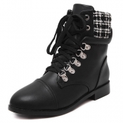 Winter Round Toe White Plaids Patchwork Lace Up Pl