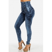 Stylish High-Waisted Button Decoration Blue Denim 