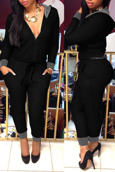 Womens Fashionable Hooded Long Sleeve V-Neck Jumpsuit