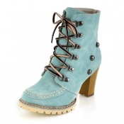 Winter Round Toe Rivets Lace Up Chunky High Heel B