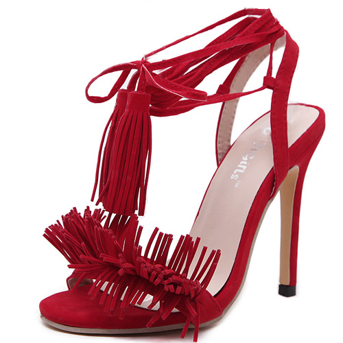 Stylish Lace-up Tassel Design Stiletto Super High Heel Red PU Ankle Strap Sandals