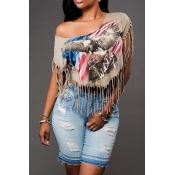 Stylish Round Neck Short Sleeves Printed Tassel De