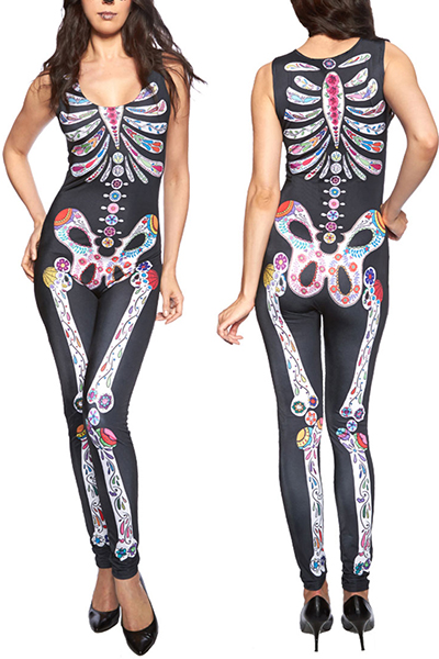 Stylish Round Neck Sleeveless Skeleton Printed Black Polyester Cosplay Costumes