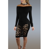 Sexy Bateau Neck Long Sleeves Hollow-out Black Cot