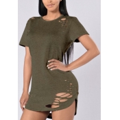 Leisure Round Neck Short Sleeves Hollow-out Army G