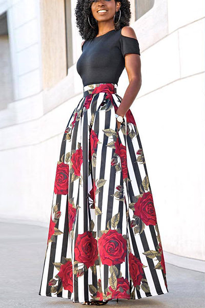 Stylish Round Neck Short Sleeves Rose Printed Qmilch Two-piece Skirt Set