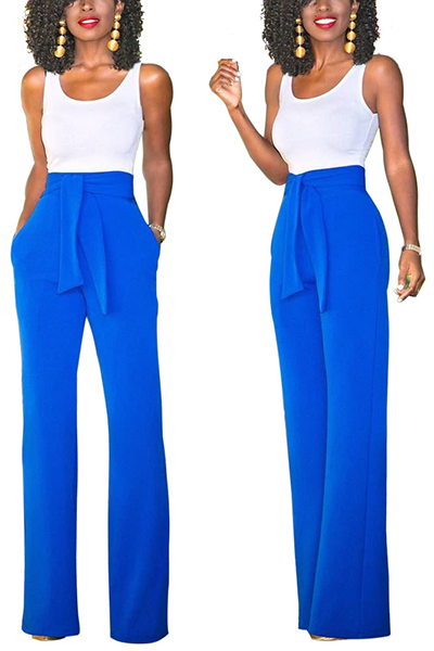 Euramerican U-shaped Neck Sleeveless Twilled Satin Two-piece Pants Set