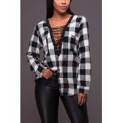 Euramerican V Neck Long Sleeves Plaids White Cotto