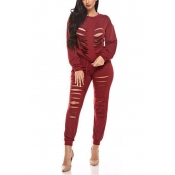 Sexy Round Neck Long Sleeves Hollow-out Red Twille