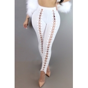 Sexy High Waist Hollow-out White Polyester Legging