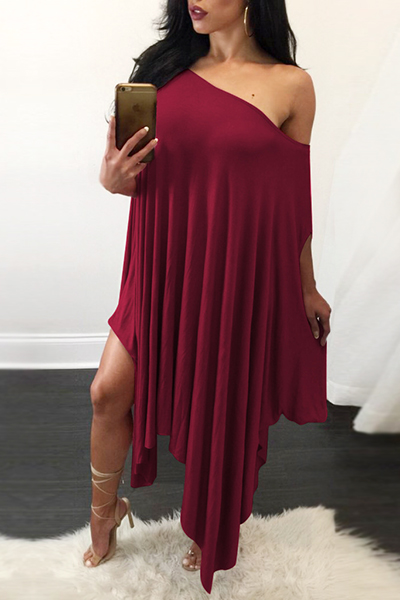 Qmilch Sexy One Shoulder Short Sleeve Mid Calf Dresses