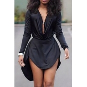 Fashion V Neck Long Sleeves Asymmetrical Black Cot