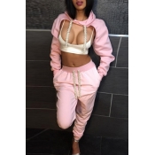 Pink Knitting Pants Solid O neck Long Sleeve Sexy 