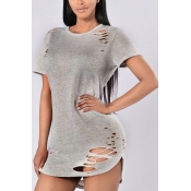 Leisure Round Neck Short Sleeves Hollow-out Grey Q
