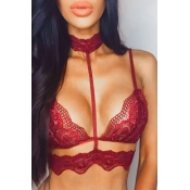 Sexy Halter Neck Hollow-out Red Polyester Bra Set