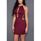 Sexy Round Neck Sleeveless Hollow-out Wine Red Qmi