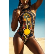 Sexy Totem Printed Black Polyester One-piece Swimw