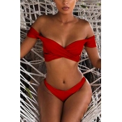 Sexy Wine Red Polyester Two-piece Swimwear