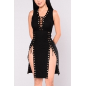 Sexy V Neck Sleeveless Hollow-out Black Twilled Sa