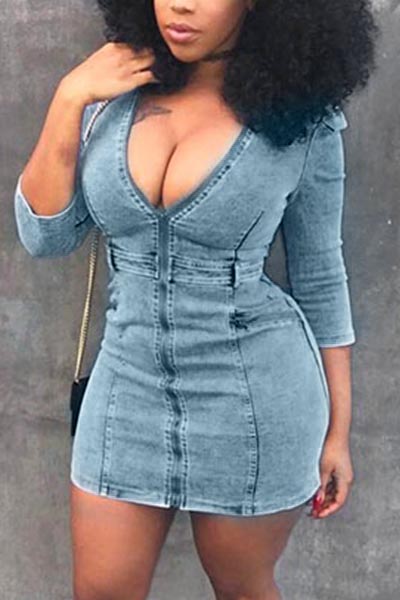 Denim Casual V Neck Half Sleeve Sheath Mini Dresses