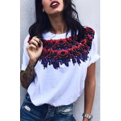 Stylish Round Neck Half Sleeves Rose Printed White