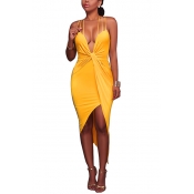 Sexy V Neck Backless Yellow Polyester Sheath Mid C