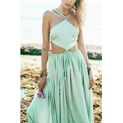 Sexy V Neck Hollow-out Green Chiffon Beach Ankle L