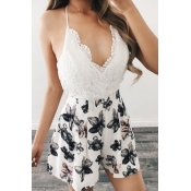 Sexy V Neck Floral Print White Blending One-piece 