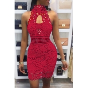 Lovely Sexy Backless Red Lace Sheath Mini Dress