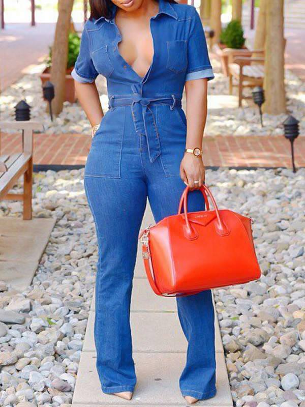 Lovely Denim Solid Regular Jumpsuits