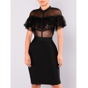 Sexy Round Neck Lace Patchwork Black Polyester She