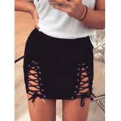 Stylish Mid Waist Lace-up Hollow-out Black Polyest