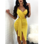 Sexy Backless Yellow Polyester Sheath Knee Length 