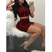 Leisure Hooded Collar Patchwork Wine Red Cotton Tw