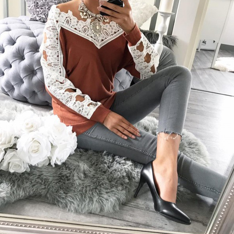 Leisure Long Sleeves Lace Trim Patchwork Orange Cotton Tops