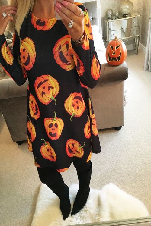 Halloween Long Sleeves Pumpkin printing Casual Dress