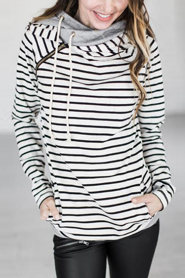 Leisure Long Sleeves Striped White Polyester Pullovers