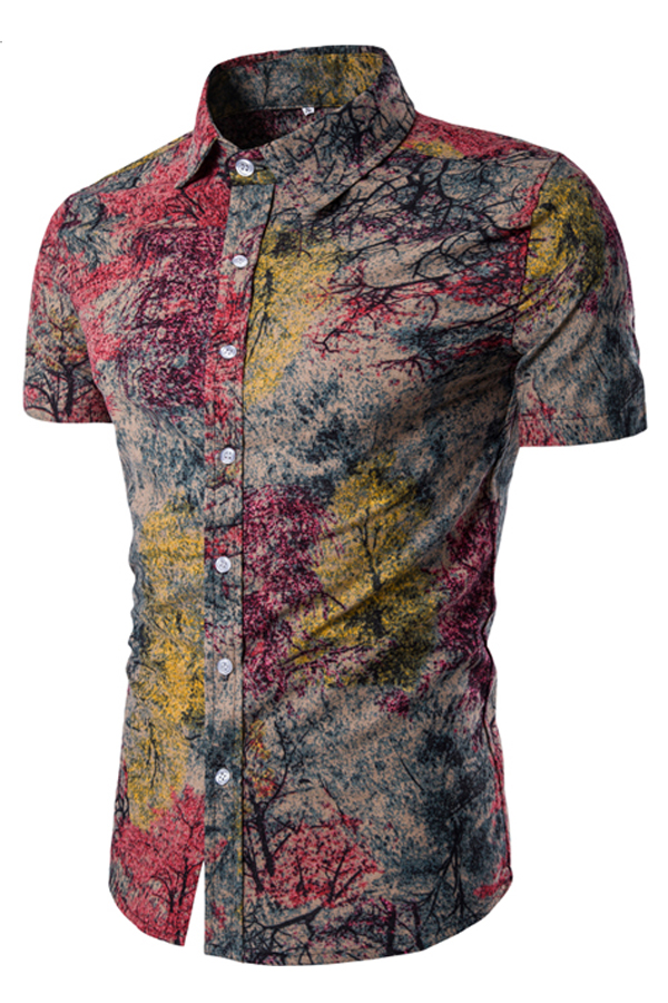 Blending Turndown Collar Short Sleeve Print Men Clothes