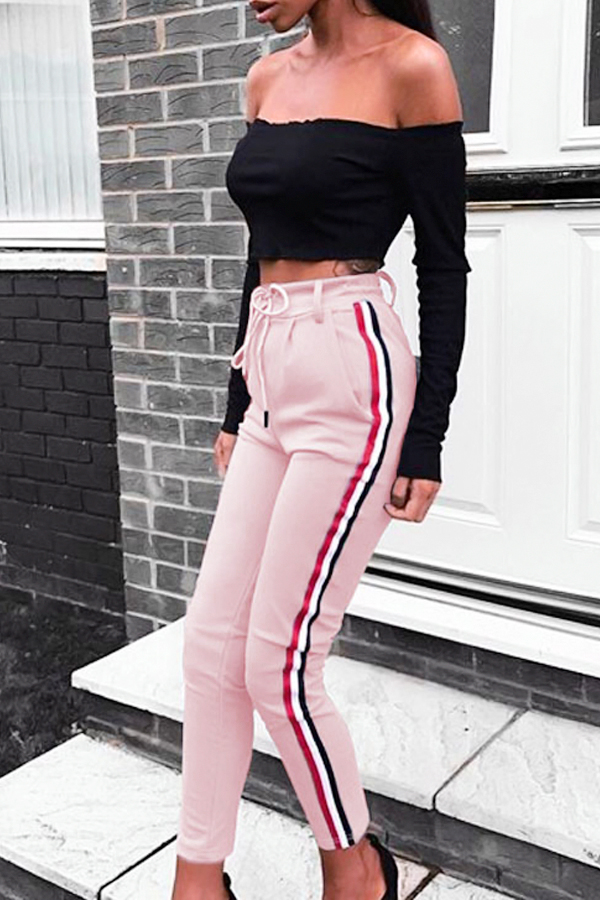 Polyester Solid Elastic Waist High Straight Pants Pants