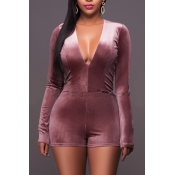 Trendy V Neck Zipper Design Wine Red Velvet One-pi