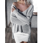 Trendy V Neck Long Sleeves Asymmetrical Grey Cotto