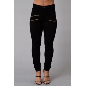 Stylish High Waist Zipper Design Black Denim Pants