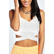 Stylish V Neck Hollow-out White Polyester Tank Top